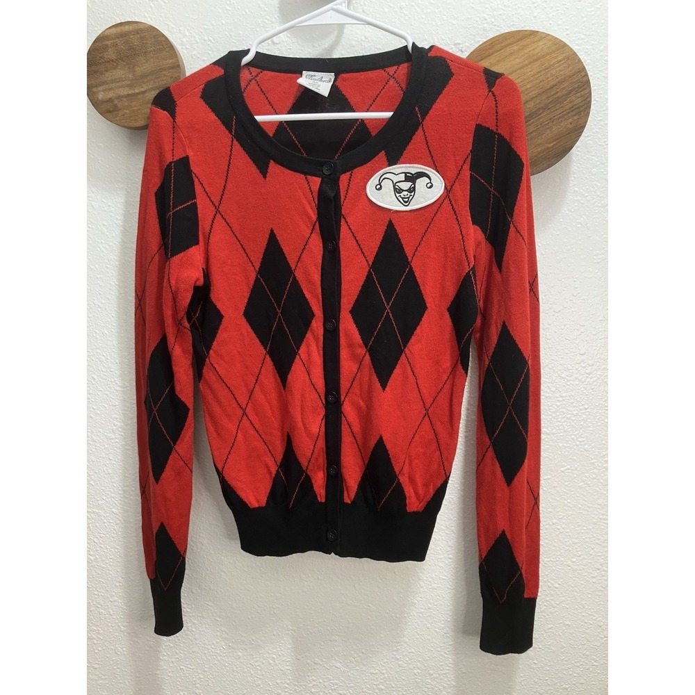 Harleen DC Comics Harley Quinn Jester Red Black Argyle Cardigan Small *Tiny Flaw